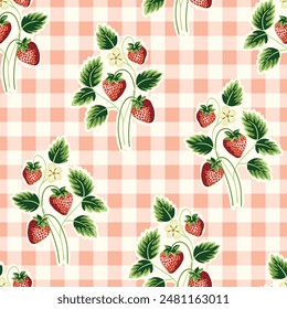 Cottage Core Garden Strawberries with Gingham Checks Vector Seamless Pattern. Vintage Feed Sack Backdrop With Nostalgic Retro Design. Fresh Summer Fruit Background