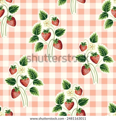 Cottage Core Garden Strawberries with Gingham Checks Vector Seamless Pattern. Vintage Feed Sack Backdrop With Nostalgic Retro Design. Fresh Summer Fruit Background