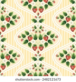 Cottage Core Garden Strawberries, Ogees and Stripes Vector Seamless Pattern. Vintage Feed Sack Backdrop With Nostalgic Retro Design. Fresh Summer Fruit Background