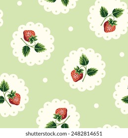 Cottage Core Garden Strawberries in Scalloped Edge Dollies Vector Seamless Pattern. Vintage Feed Sack Backdrop With Nostalgic Retro Design. Fresh Summer Fruit Background