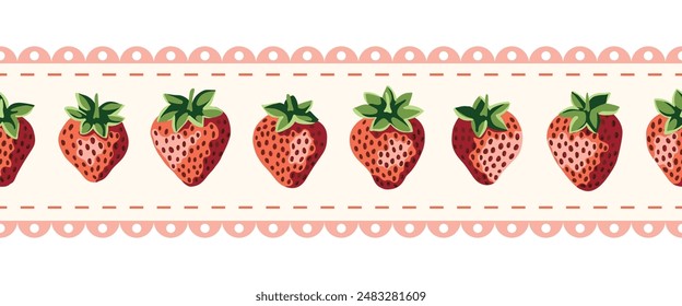 Cottage Core Garden Strawberries With Scalloped Edge Vector Horizontal Seamless Pattern Border. Vintage Feed Sack Backdrop With Nostalgic Retro Design. Fresh Summer Fruit Background