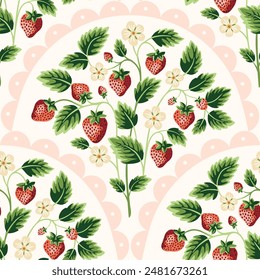 Cottage Core Garden Strawberries and Scallops Vector Seamless Pattern. Vintage Feed Sack Backdrop With Nostalgic Retro Design. Fresh Summer Fruit Background