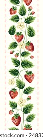 Cottage Core Garden Strawberries With Stitches Vector Vertical Seamless Pattern Border. Vintage Feed Sack Backdrop With Nostalgic Retro Design. Fresh Summer Fruit Background