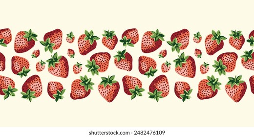 Cottage Core Garden Strawberries Vector Horizontal Seamless Pattern Border. Vintage Feed Sack Backdrop With Nostalgic Retro Design. Fresh Summer Fruit Background