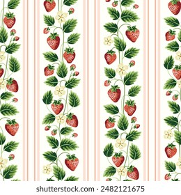 Cottage Core Garden Strawberries and Vertical Stripes Vector Seamless Pattern. Vintage Feed Sack and Wallpaper Backdrop With Nostalgic Retro Design. Fresh Summer Fruit Background