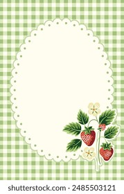 Cottage Core Garden Strawberry and Gingham Vector Frame. Vintage Invitation Design With Nostalgic Retro Design. Fresh Summer Fruit Background