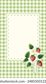 Cottage Core Garden Strawberry and Gingham Rectangular Vector Frame. Vintage Invitation Design With Nostalgic Retro Design. Fresh Summer Fruit Background