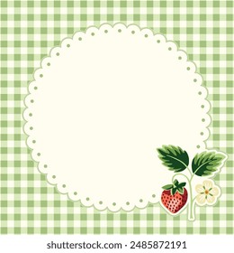 Cottage Core Garden Strawberry and Gingham Vector Frame. Vintage Invitation Design With Nostalgic Retro Design. Fresh Summer Fruit Background