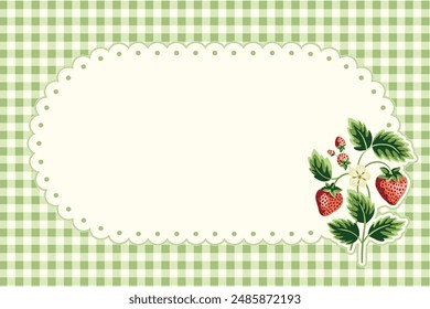 Cottage Core Garden Strawberry and Gingham Vector Frame. Vintage Invitation Design With Nostalgic Retro Design. Fresh Summer Fruit Background