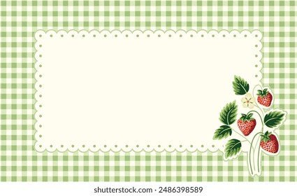 Cottage Core Garden Strawberry and Gingham Rectangular Vector Frame. Vintage Invitation Design With Nostalgic Retro Design. Fresh Summer Fruit Background