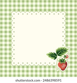 Cottage Core Garden Strawberry and Gingham Square Vector Frame. Vintage Invitation Design With Nostalgic Retro Design. Fresh Summer Fruit Background