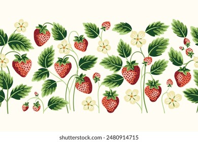 Cottage Core Garden Strawberry Patch Vector Horizontal Seamless Pattern Border. Vintage Feed Sack Backdrop With Nostalgic Retro Design. Fresh Summer Fruit Background