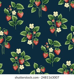 Cottage Core Garden Strawberry Patch Vector Seamless Pattern. Vintage Feed Sack Backdrop With Nostalgic Retro Design. Fresh Summer Fruit Background