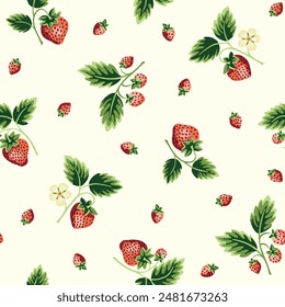 Cottage Core Garden Strawberry Patch Vector Seamless Pattern. Vintage Feed Sack Backdrop With Nostalgic Retro Design. Fresh Summer Fruit Background