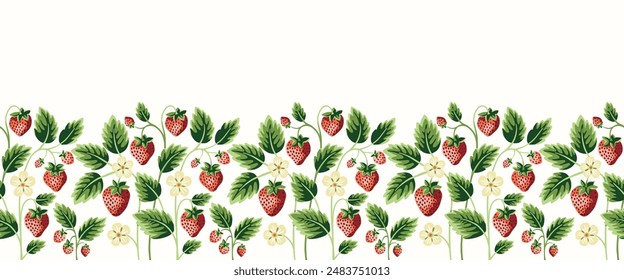 Cottage Core Garden Strawberry Patch Vector Horizontal Seamless Pattern Border. Vintage Feed Sack Backdrop With Nostalgic Retro Design. Fresh Summer Fruit Background