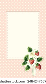 Cottage Core Garden Strawberry and Polka Dot Rectangular Vector Frame. Vintage Invitation Design With Nostalgic Retro Design. Fresh Summer Fruit Background