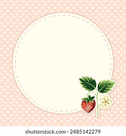 Cottage Core Garden Strawberry and Polka Dot Round Vector Frame. Vintage Invitation Design With Nostalgic Retro Design. Fresh Summer Fruit Background