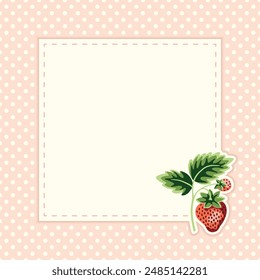 Cottage Core Garden Strawberry et Polka Dot Square  cadre de Image vectorielle. Conception D'Invitation Vintage Avec Conception Rétro Nostalgique. Arrière-Plan Fruit D'Été Frais