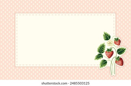 Cottage Core Garden Strawberry and Polka Dot Rectangular Vector Frame. Vintage Invitation Design With Nostalgic Retro Design. Fresh Summer Fruit Background