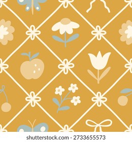 Patrón transparente de celosía de núcleo de cabaña. Dibujado a mano lindo estampado nostálgico con flores azules y amarillas, lazos. Patrón caprichoso juguetón para la cocina textil, manta, mantel.