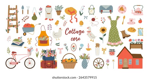 Cottage core lifestyle set. Flat vector illustration with texture. Isolated elements of garden tool, cute dress, tea set of dishes, harvest, hobby, bicycle, wildflowers and other items of rural life.