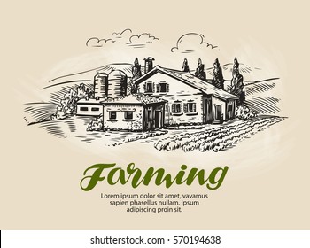 Cottage, country house sketch. Farm, rural landscape, agriculture, farming vector illustration