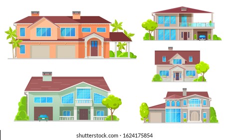 Cottage, country house, villa, mansion and bungalow vector buildings. Real estate objects. Facade exteriors, windows, entrance door, garage and parking zone, trees