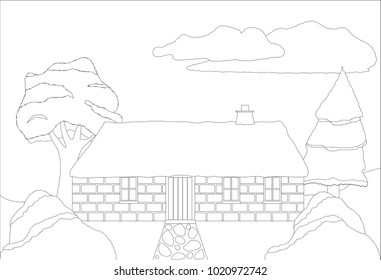 A cottage in the countryside colouring in page 
