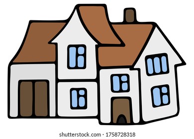 Cottage. Cozy place of residence. Modern mansion. Stay safe. House with windows, doors and garage. Vector illustration. Isolated white background. Cartoon style. Illustration for web design, sticker. 