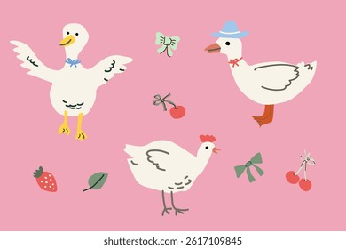 Cottage decor elements with farm animals, bows, and fruits on pink background for craft design.