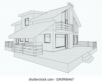 The cottage drawing on a checkered background. Semi-transparent cottage painted from the lines. Vector illustration. 3D.