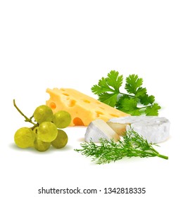 Cottage, dutch cheese, brie, grapes with green parsley and dill low poly. Fennel and parsley vector illustration. Cheese with grapes and green plant in triangulation technique.