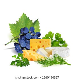 Cottage, dutch cheese, brie, grapes with green parsley and dill low poly. Fennel and parsley vector illustration. Cheese with grapes and green plant in triangulation technique.