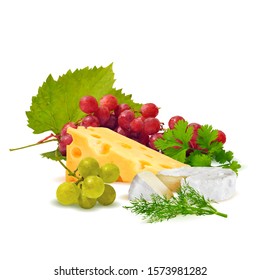 Cottage, dutch cheese, brie, grapes with green parsley and dill low poly. Fennel and parsley vector illustration. Cheese with grapes and green plant in triangulation technique.