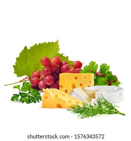 Cottage, dutch cheese, brie, grapes with green parsley and dill low poly. Fennel and parsley vector illustration. Cheese with grapes and green plant in triangulation technique.