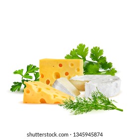 Cottage and dutch cheese with green parsley and dill low poly. Fresh brie, nutritious dutch cheese, tasty cottage cheese. Vector illustration. Cheese with green plant in triangulation technique.