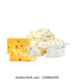 Cottage and dutch cheese low poly. Fresh brie, nutritious dutch cheese, tasty cottage cheese. Vector illustration. Cheese in triangulation technique.