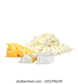 Cottage and dutch cheese low poly. Fresh brie, nutritious dutch cheese, tasty cottage cheese. Vector illustration. Cheese in triangulation technique.