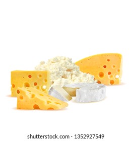 Cottage and dutch cheese low poly. Fresh brie, nutritious dutch cheese, tasty cottage cheese. Vector illustration. Cheese in triangulation technique.