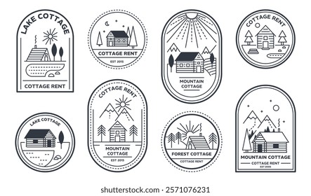 Cottage emblems. Vintage cabin retreats, outdoor getaways and countryside vacation branding badges with lake, forest, and mountain cottages. Nature tourism vector templates set.