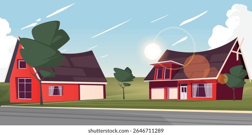 cottage environment with housing, fields and roads