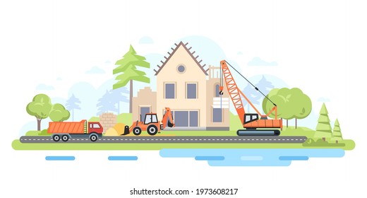 Cottage estate under construction - flat design style illustration. Suburban landscape with a two-storey house being built, trees, road. Images of special vehicles, crane, truck. Real estate idea