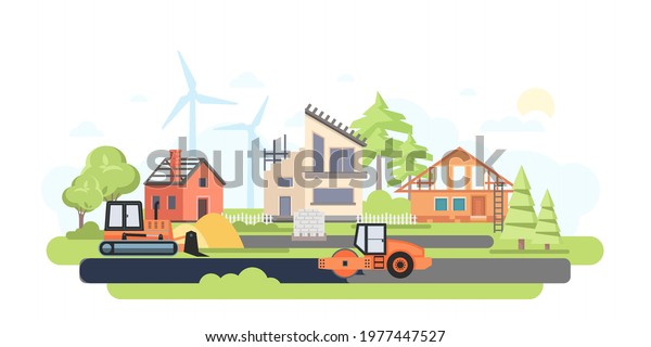 Cottage estate under construction - flat design
style illustration. Suburban landscape with village houses,
buildings, road, wind power generators. Images of special vehicles.
Real estate idea