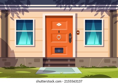 Cottage facade. Cartoon country house front exterior with entrance windows and doorstep. Vector rural home facade illustration. Outdoor countryside building with green lawn and leaf shadows