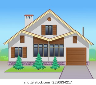 Casa de campo. Fachada de uma casa de campo. Ilustração de arte plana vetorial