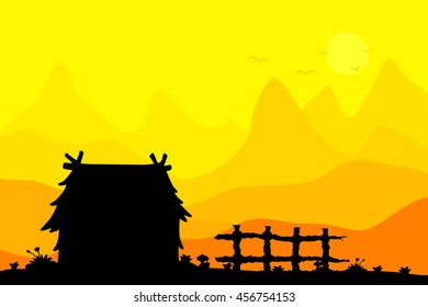 Cottage in farm and mountain landscape vector