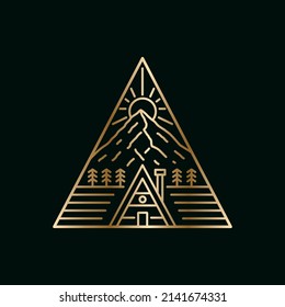 cottage and the field above mountain sunrise cottage in the forest. nature starry night in mono line art design for t-shirt, badge, sticker, etc