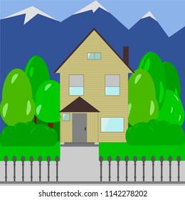 Cottage in flat with garden and mountains isolated. Vector image