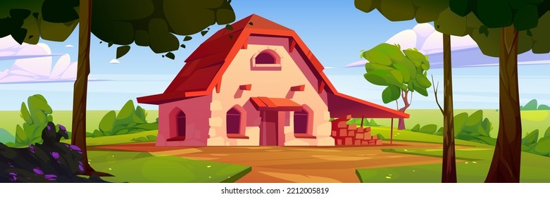 Cottage at forest edge, cozy stone house with wooden roof stand on field among green coniferous trees. Fantasy home in sunny summer wood. Eco dwelling, pc game background, Cartoon vector illustration