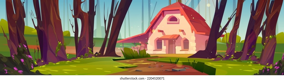 Cottage in forest, stone house with wooden roof on green field among coniferous trees and dirt road. Cozy fairy home or witch hut in sunny summer wood cartoon game background, Vector illustration